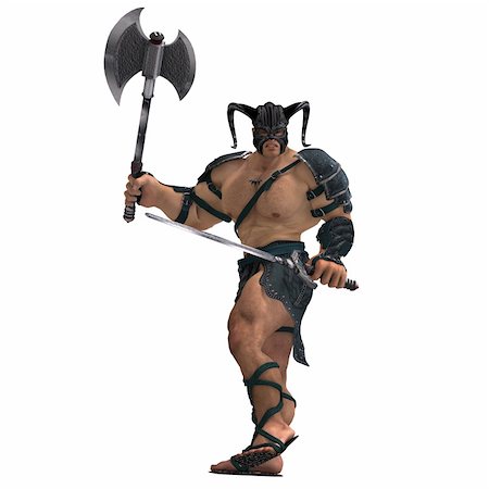 power ax - Muscular Barbarian Fight with Sword and Axe. With Clipping Path Photographie de stock - Aubaine LD & Abonnement, Code: 400-05104702