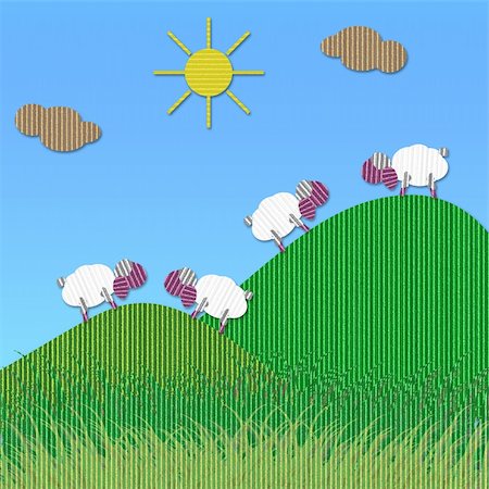 superdumb (artist) - Cardboard sheep on green hills under the sun Foto de stock - Super Valor sin royalties y Suscripción, Código: 400-05105060