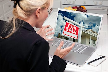 Excited Woman In Kitchen Using Laptop to Buy a Home. Screen can be easily used for your own message or picture. Picture on screen is my copyright as well. Stock Photo - Budget Royalty-Free & Subscription, Code: 400-05106631