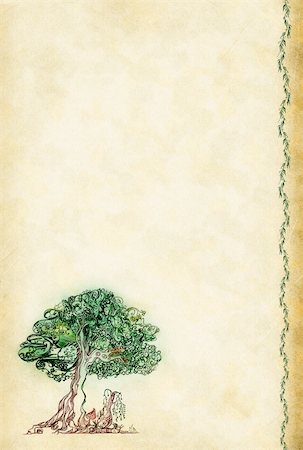 simsearch:400-06068658,k - Old sheet with a picture as a tree and pattern as leaves on an edge, very elegantly drawn Stock Photo - Budget Royalty-Free & Subscription, Code: 400-05109160