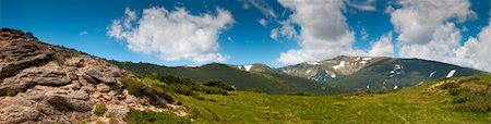 forest path panorama - Summer mountain view with snow and big stones on mountainside. Four shots stitch image. Stock Photo - Budget Royalty-Free & Subscription, Code: 400-05109553