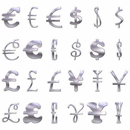 3d eccentric silver currency symbols isolated in white Stock Photo - Budget Royalty-Free & Subscription, Code: 400-05100221