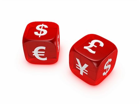 simsearch:400-07832442,k - pair of translucent red dice with dollar euro yen pound sign isolated on white background Stock Photo - Budget Royalty-Free & Subscription, Code: 400-05101636