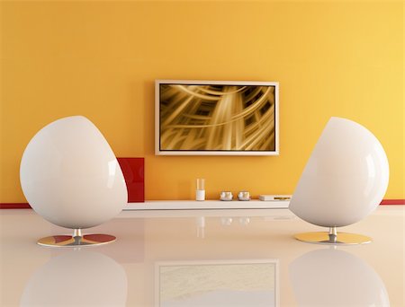 elegant tv room - two white armchair against lcd tv-the abstract composition on tv is a my image Stock Photo - Budget Royalty-Free & Subscription, Code: 400-05115420