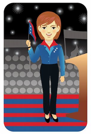 Cartoon illustration of a female politician waving the American flag.     Visit our gallery for more professions.    Vector EPS8. You can use any vector compatible software to open/modify/use the file. The different graphics are on separate layers so they can be easily edited individually. Scalable to any size without loss of quality. Stock Photo - Budget Royalty-Free & Subscription, Code: 400-05115558