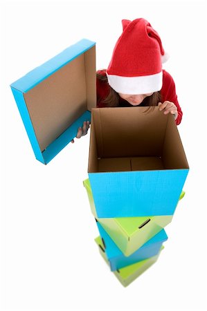 simsearch:400-04774270,k - santa woman looking at empty christmas present box isolated on white background Stock Photo - Budget Royalty-Free & Subscription, Code: 400-05115931