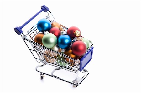 shopping cart full with colorfull christmas balls isolated on white background Stockbilder - Microstock & Abonnement, Bildnummer: 400-05115954