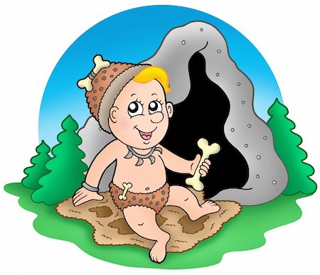 prehistoric cartoon trees - Cartoon prehistoric baby before cave - color illustration. Stock Photo - Budget Royalty-Free & Subscription, Code: 400-05117500