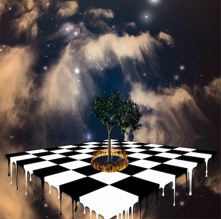 Melting chessboard and tree ringed by fire Stock Photo - Budget Royalty-Free & Subscription, Code: 400-05118647