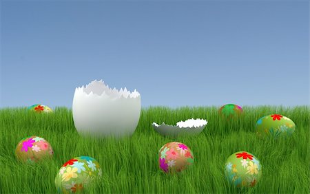 Painted easter eggs on grass lawn and blue sky Foto de stock - Royalty-Free Super Valor e Assinatura, Número: 400-05118742