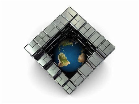 abstract 3d illustration of earth globe in steel industrial cube Stock Photo - Budget Royalty-Free & Subscription, Code: 400-05110066