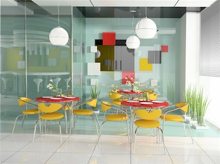 scenic dinner - dining table in modern cafe 3d image Stock Photo - Budget Royalty-Free & Subscription, Code: 400-05110846