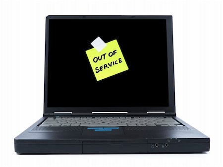 simsearch:400-03949678,k - Black laptop with a Out of Service sticky note. Isolated on white. Foto de stock - Super Valor sin royalties y Suscripción, Código: 400-05111705