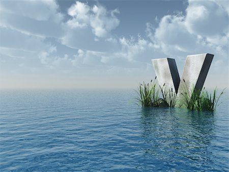 simsearch:400-04161805,k - letter V rock in water landscape - 3d illustration Stock Photo - Budget Royalty-Free & Subscription, Code: 400-05113834