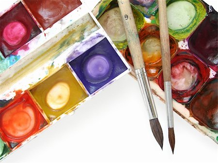 simsearch:400-05884092,k - messy used watercolors set with brushes Stockbilder - Microstock & Abonnement, Bildnummer: 400-05124405