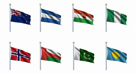 World flag set 17 - New Zealand, Nicaragua, Niger, Nigeria, Norway, Oman, Pakistan and Palau Stock Photo - Budget Royalty-Free & Subscription, Code: 400-05125118