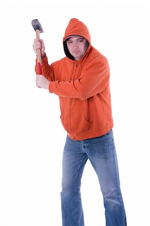 face men rough - standing men in orange sweatshirt  keeping big hammer, studio shot Stock Photo - Budget Royalty-Free & Subscription, Code: 400-05125400