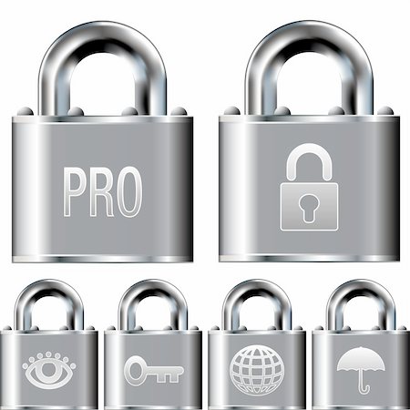 Internet security professional alarm system icon set on stainless steel vector padlock buttons Stock Photo - Budget Royalty-Free & Subscription, Code: 400-05125689
