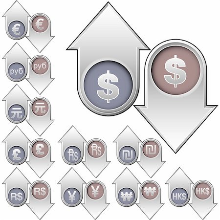 International currency icons on vector up and down arrow buttons to indicate rising or falling value and price - for print, web, advertising, or promotion Stock Photo - Budget Royalty-Free & Subscription, Code: 400-05125697