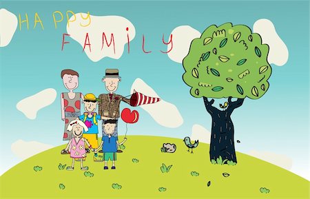 funny cartoons father and daughter - Vector illustration of Happy Family, tree and birds Stock Photo - Budget Royalty-Free & Subscription, Code: 400-05125707