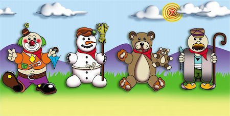 pinare (artist) - Cartoon illustrations of a clown, a snowman, a teddy bear and a shepherd on colorful background. Fotografie stock - Microstock e Abbonamento, Codice: 400-05126896
