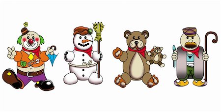 pinare (artist) - Cartoon illustrations of a clown, a snowman, a teddy bear and a shepherd on white background. Fotografie stock - Microstock e Abbonamento, Codice: 400-05126897