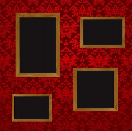 simsearch:400-06179670,k - Four wooden picture frames with blank space for your own picture and red wallpaper design Stock Photo - Budget Royalty-Free & Subscription, Code: 400-05127268
