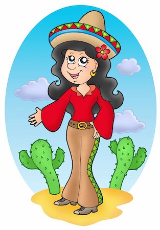 Cute Mexican girl in desert - color illustration. Stock Photo - Budget Royalty-Free & Subscription, Code: 400-05127281