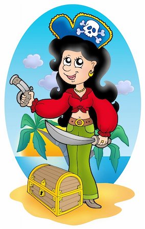 simsearch:400-07550626,k - Cute pirate girl with treasure chest - color illustration. Stock Photo - Budget Royalty-Free & Subscription, Code: 400-05127282