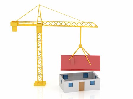 picture of roof under construction - 3d render of crane and house. Building concept. Stock Photo - Budget Royalty-Free & Subscription, Code: 400-05127443