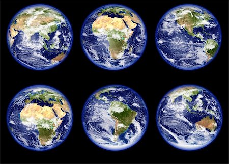 simsearch:400-06794734,k - Six earth globes with a main focus in each of the continets.  This is a photoshop edited image. Some components of this montage are provided courtesy of NASA, and have been found at http://visibleearth.nasa.gov/ Stock Photo - Budget Royalty-Free & Subscription, Code: 400-05129218