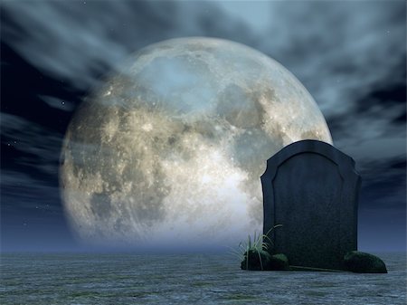spooky field - gravestone in desert and full moon - 3d illustration Photographie de stock - Aubaine LD & Abonnement, Code: 400-05129318