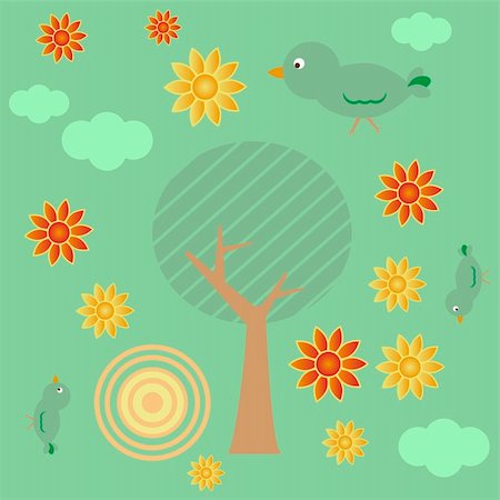 Retro style background with tree, sun, clouds, flowers and birds Stock Photo - Budget Royalty-Free & Subscription, Code: 400-05129679