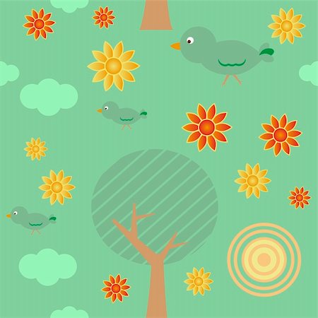 Retro style seamless background with tree, sun, clouds, flowers and birds Stock Photo - Budget Royalty-Free & Subscription, Code: 400-05129682