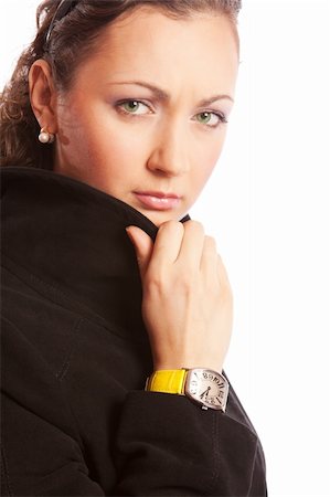 simsearch:400-04486455,k - Portrait of a young woman in black coat, looking concerned Fotografie stock - Microstock e Abbonamento, Codice: 400-05129976