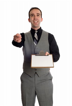 simsearch:400-05718341,k - A young businessman holding a clipboard with a blank sheet of white paper, isolated against a white background Stock Photo - Budget Royalty-Free & Subscription, Code: 400-05120018
