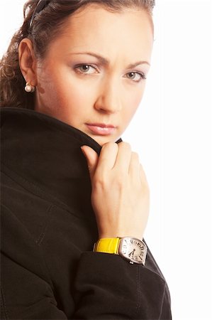 simsearch:400-04486455,k - Portrait of a young woman in black coat, looking concerned Fotografie stock - Microstock e Abbonamento, Codice: 400-05120567