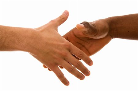 simsearch:400-07301842,k - Black and white hands shaking in friendly agreement isolated on white Fotografie stock - Microstock e Abbonamento, Codice: 400-05122826