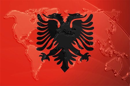 simsearch:400-05123275,k - Flag of Albania, national country symbol illustration with world map, metallic embossed look Stock Photo - Budget Royalty-Free & Subscription, Code: 400-05123198