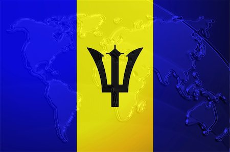 signs in barbados - Flag of Barbados, national symbol illustration clipart with world map, metallic embossed look Stock Photo - Budget Royalty-Free & Subscription, Code: 400-05123215