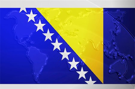 simsearch:400-05123275,k - Flag of Bosnia Hertzigovina, national country symbol illustration with world map, metallic embossed look Stock Photo - Budget Royalty-Free & Subscription, Code: 400-05123224