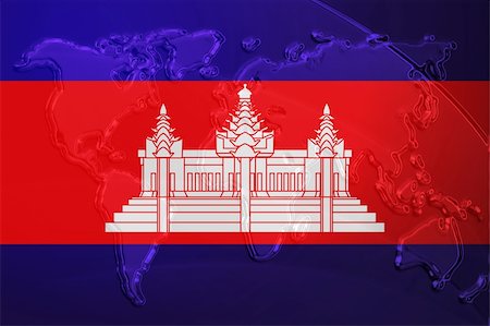 simsearch:400-05123274,k - Flag of Cambodia, national symbol illustration clipart with world map, metallic embossed look Photographie de stock - Aubaine LD & Abonnement, Code: 400-05123239