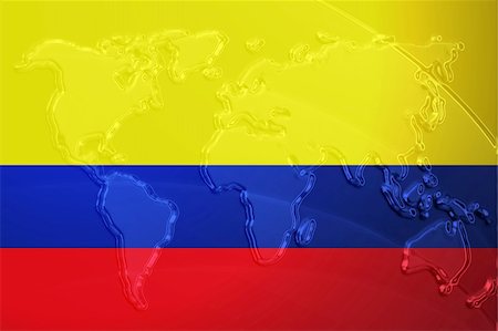 simsearch:400-05123275,k - Flag of Colombia, national country symbol illustration with world map, metallic embossed look Stock Photo - Budget Royalty-Free & Subscription, Code: 400-05123254