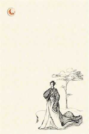 reverie - Sheet of rice-paper, on which in a corner the Japanese lady is drawn under a pine-tree. Much place is for inscriptions Stock Photo - Budget Royalty-Free & Subscription, Code: 400-05123594