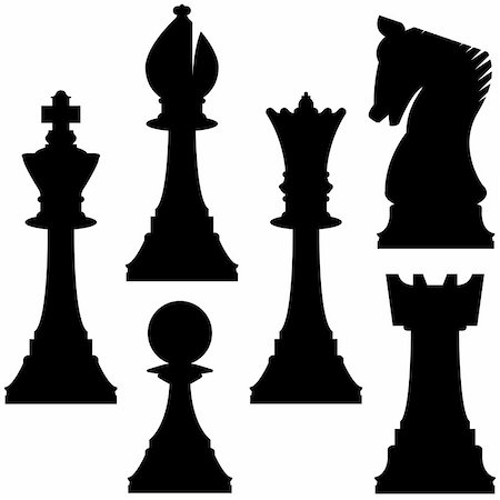 simsearch:696-03398095,k - Chess pieces in vector silhouette including king, queen, rook, pawn, knight, and bishop Stock Photo - Budget Royalty-Free & Subscription, Code: 400-05123878