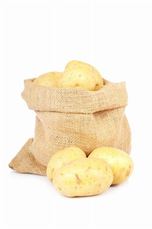 simsearch:400-06701002,k - Burlap sack with raw and fresh potatoes spilling out over a white background. Soft shadow Stock Photo - Budget Royalty-Free & Subscription, Code: 400-05134836