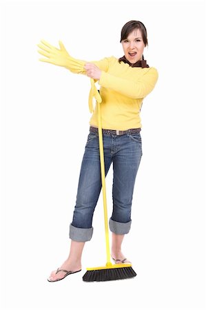 picture of a lady sweeping the floor - attractive brunette woman doing housework. over white background Stock Photo - Budget Royalty-Free & Subscription, Code: 400-05134922