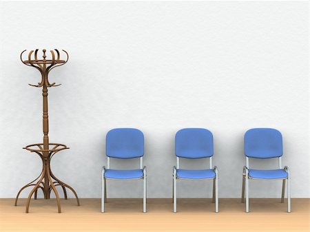 doctor and waiting room - digital render of a waiting room with a clothes stand and three blue chairs Stock Photo - Budget Royalty-Free & Subscription, Code: 400-05135676