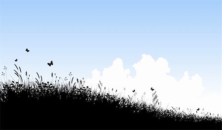 Editable vector silhouette of a grassy meadow and clouds with copy space Stock Photo - Budget Royalty-Free & Subscription, Code: 400-05136199