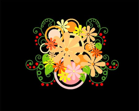 Flower pattern on a black background with curls and circles. Stockbilder - Microstock & Abonnement, Bildnummer: 400-05137020